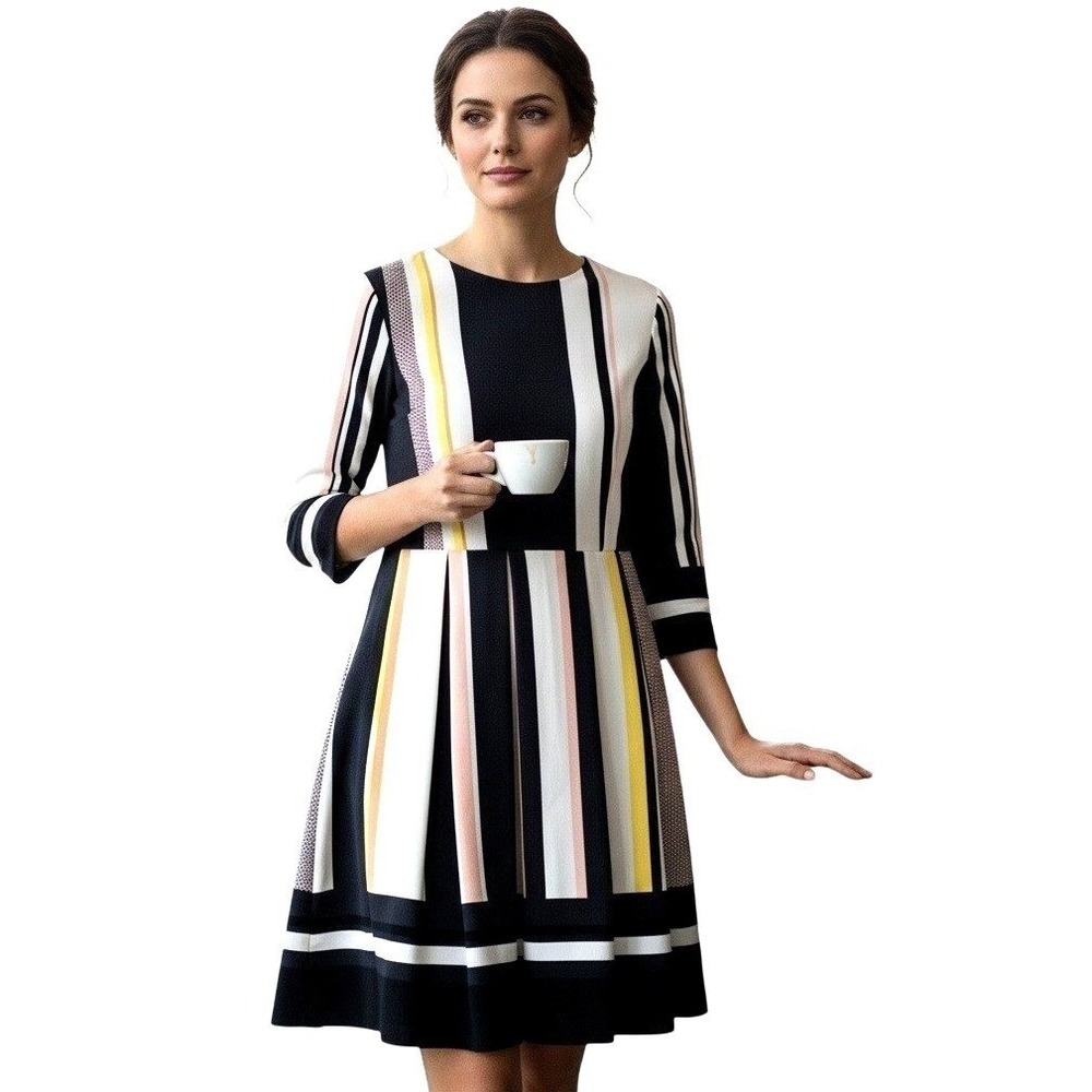 HM Midi Dress Womens 4 Striped Pleated Skirt Colorblock Long Sleeve Chic Style